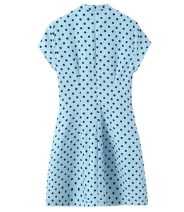 Back view of a sky blue polka dot short dress featuring a stand collar and hidden zipper