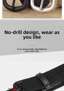 Detail showing the hole-free braided stretch belt design with durable metal buckle