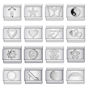 Italian charm bracelet links in stainless steel with 16 modular patterns and silver finish