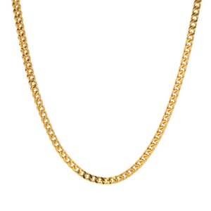 Detailed close-up of golden stainless steel curb chain with interlocking links and bright polish