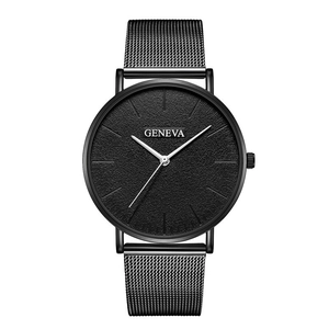 Detail of minimalist black quartz watch with stainless steel mesh band and sand-textured dial