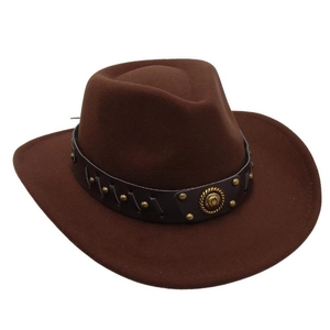 Detail of dark brown wool felt cowboy hat with leather band and bronze rivet studs