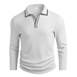 Close-up of white ribbed long-sleeve polo shirt showing knit texture and neck size label