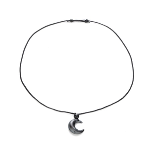 Handcrafted black crescent moon stone pendant necklace with adjustable braided rope