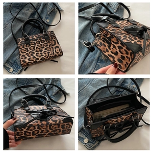 Multi-angle views of leopard print crossbody bag with bow detail and leather trim