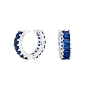 Detailed macro view of S925 sterling silver hoop earrings with blue baguette zircon stones