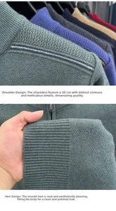 Detail of dark green knit sweater featuring striped shoulder design and ribbed hem texture