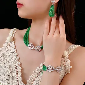 Luxury floral jewelry set with green beads, crystal necklace, bracelet and earrings