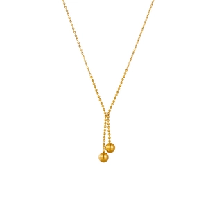 Minimalist Y-shaped titanium steel sweater necklace with dual golden ball pendants