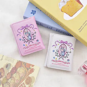Cute Rabbit Illustration Trifold Wallet PU Leather Compact Card Holder With Photo Slot Sweet Lolita Style For Girls