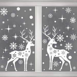 White Christmas reindeer and snowflake static window decals for festive glass decoration