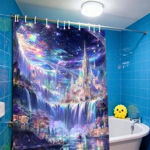 Detail showing 3D digital print of fantasy castle waterfall on bathroom shower curtain
