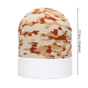 Winter camouflage knit beanie with white fold-over cuff for windproof warmth