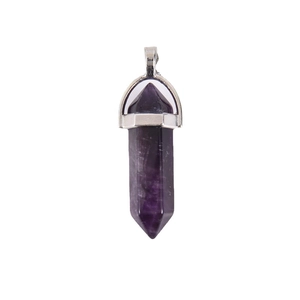 Natural purple amethyst hexagonal pendant necklace with silver metal clasp on white background