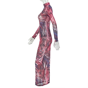 Detail of slim fit high neck mesh dress featuring pink and purple abstract art print