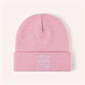 Pink knitted beanie with Life is Golden with a Doodle embroidery in Korean casual style