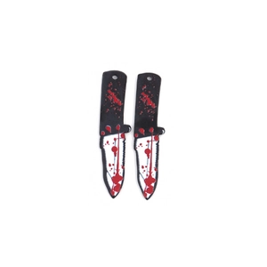 Detailed view of acrylic Halloween charms featuring bloody knife and dagger designs for DIY