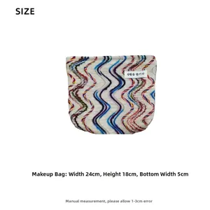 Rainbow knit makeup bag size details showing 24cm width and colorful wavy patterns