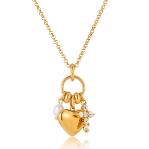 Collier doré en acier inoxydable avec pendentifs cœur, croix strass et perle blanche
