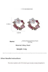 Detailed view of hollow flower stud earrings with pearls and pink rhinestones