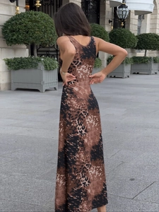 Sleeveless leopard print bodycon maxi dress for women featuring a slim fit and tie-waist