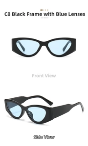 Detailed views of black thick frame cat eye sunglasses with light blue lenses