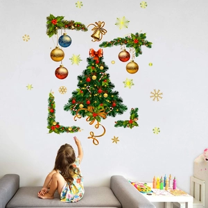 Golden Christmas tree wall stickers with ornaments and snowflakes for home window decor