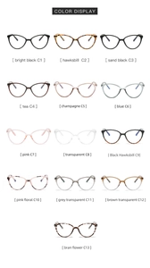 Cat eye glasses frames display in 13 colors including black and tortoise shell