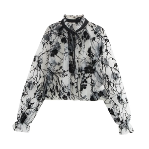 Women Sheer Mesh Blouse Flocking Floral Tie Neck Ruffle Stand Collar Long Sleeve Sexy Elegant Tops