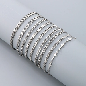 Minimalist silver titanium steel anklets set with cross charm and multiple chain styles