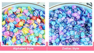 Detail of multi-color alphabet beads and blue zodiac charms for DIY jewelry making