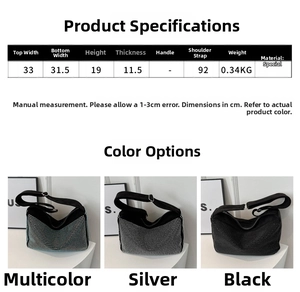 Size chart showing dimensions for the rhinestone square bag in silver black and colorful
