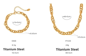 Detail of 18k gold plated titanium steel chunky chain necklace and bracelet set