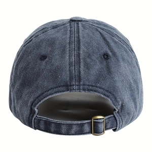 Vintage navy washed denim baseball cap with adjustable metal buckle on the back view