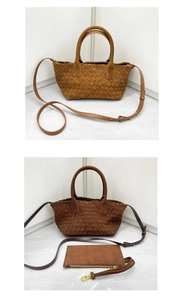 Macro shot of dark brown woven suede leather tote with matching zipper pouch and strap