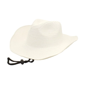 Detailed view of woven straw cowboy hat texture with adjustable black chin strap