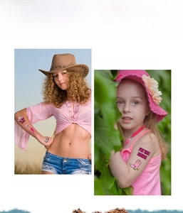 Pink cowgirl temporary tattoos set shown on skin featuring boots and hats patterns