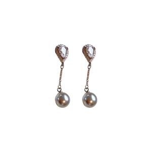 Elegant silver pearl drop earrings with teardrop gemstone studs and short link chains