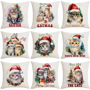 Christmas Cat Cushion Cover Linen Watercolor Feline Festive Holiday Home Sofa Decorative Square Pillowcase