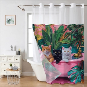 Detail of waterproof shower curtain with funny cats in a bathtub and tropical plants