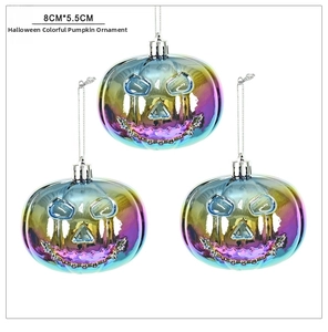 Three 8cm holographic pumpkin hanging ornaments for Halloween party tree decoration