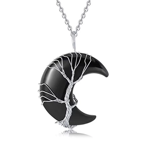 Pendentif croissant de lune en obsidienne noire avec arbre de vie en fil d'argent