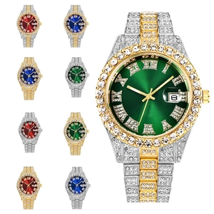 Detailed grid of iced-out quartz watches with roman numerals and date windows