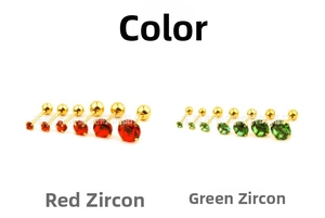 Detail of red and green zircon stud earrings in six gradient sizes on gold plated steel