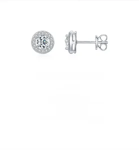 Front and side view of classic S925 sterling silver halo moissanite stud earrings