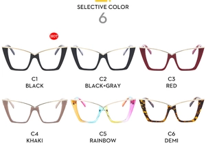 Cat eye eyeglass frames in six colors including black, khaki, and tortoiseshell patterns