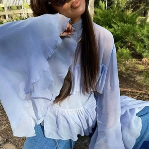 Blusa Elegante Chiffon Donna Volant Strati Stile Vintage Francese Collo Sciarpa Maniche Campana Tinta Unita
