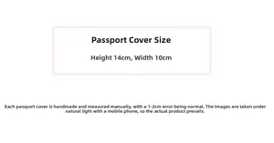 Size chart showing dimensions 14cm by 10cm for embroidered star passport holder