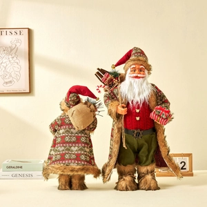 Standing Santa Claus plush doll set with red and green capes and gift bags for Christmas