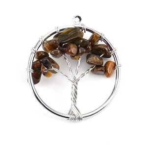 Detailed view of silver wire-wrapped tree of life pendant featuring natural tiger eye stones